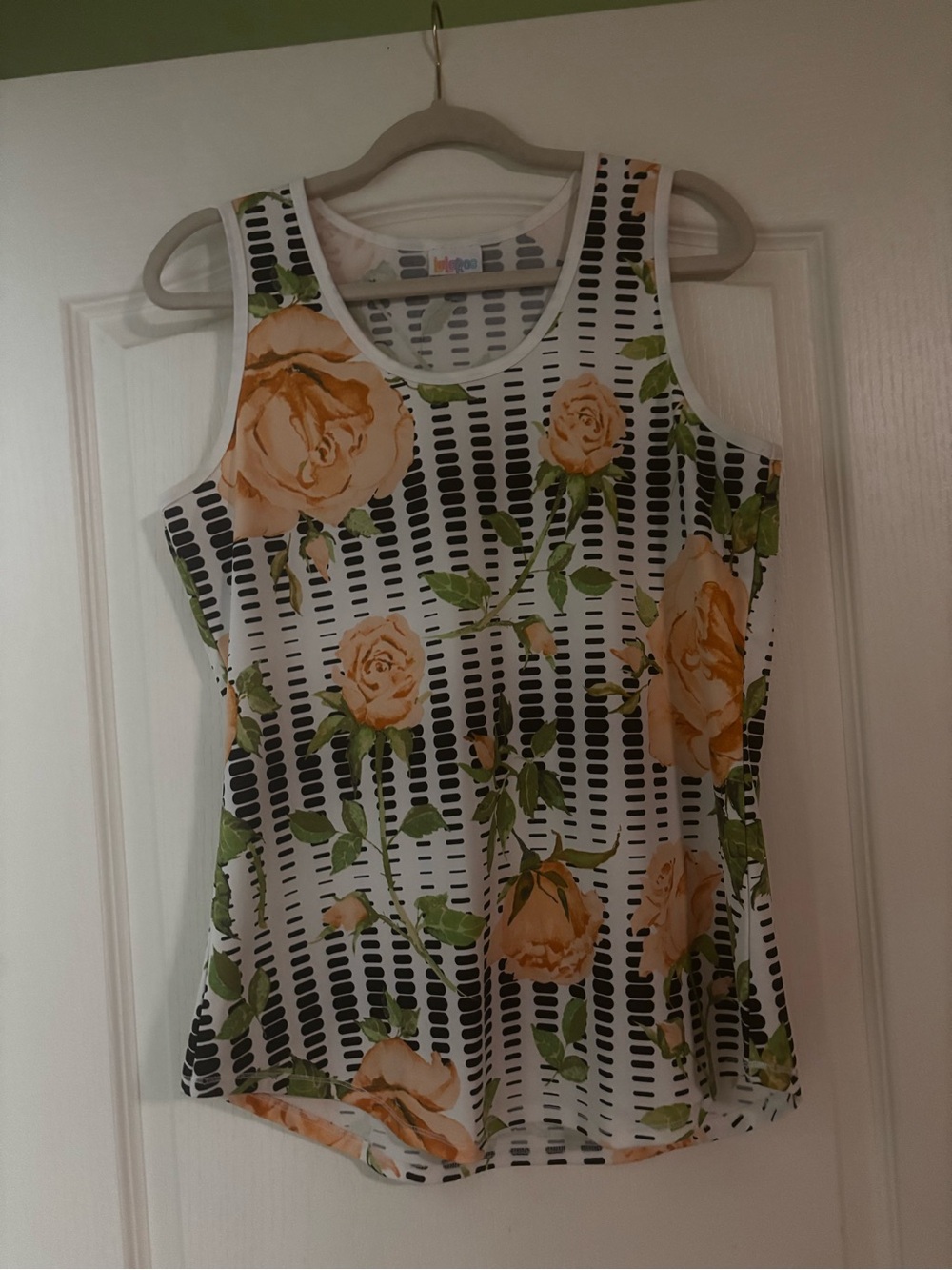 LuLaRoe White Tank Top with Peach Rose and Green Leaf Print
